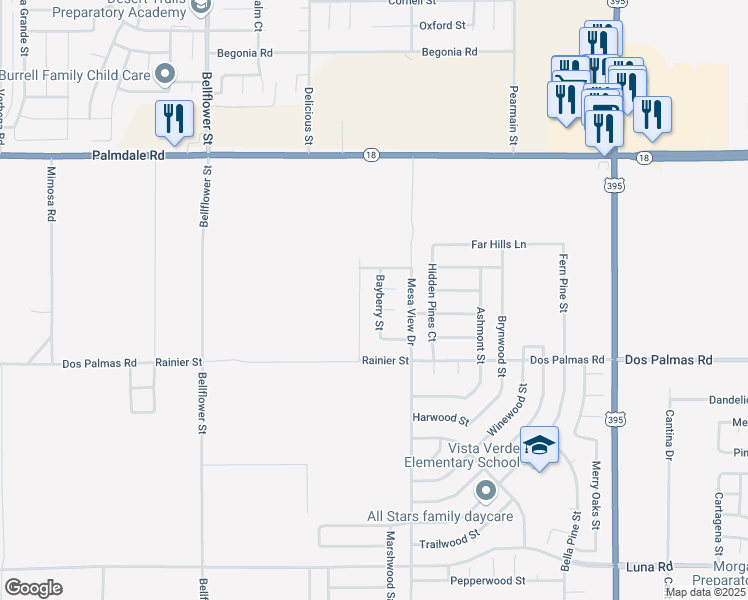 map of restaurants, bars, coffee shops, grocery stores, and more near 13814 Bayberry Street in Victorville