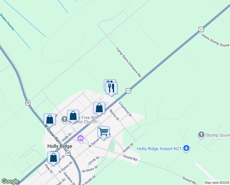map of restaurants, bars, coffee shops, grocery stores, and more near 511 U.S. 17 in Holly Ridge