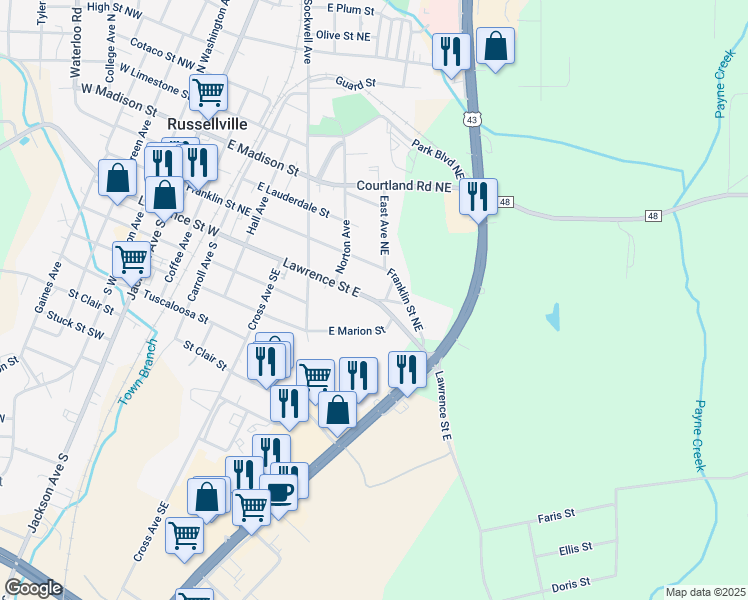 map of restaurants, bars, coffee shops, grocery stores, and more near 722 Lawrence Street East in Russellville