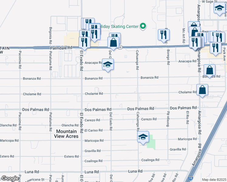 map of restaurants, bars, coffee shops, grocery stores, and more near 14710 Cholame Road in Victorville