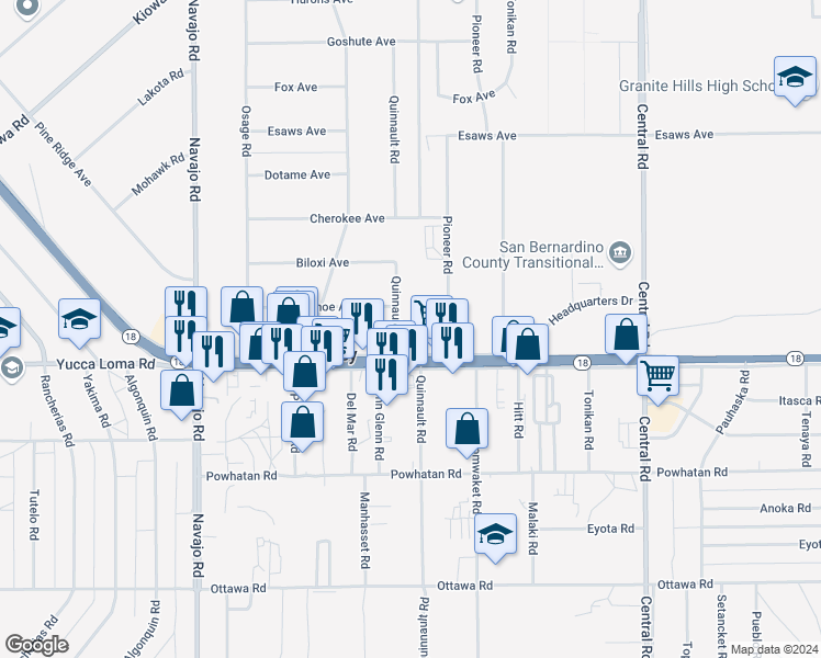 map of restaurants, bars, coffee shops, grocery stores, and more near California 18 in Apple Valley