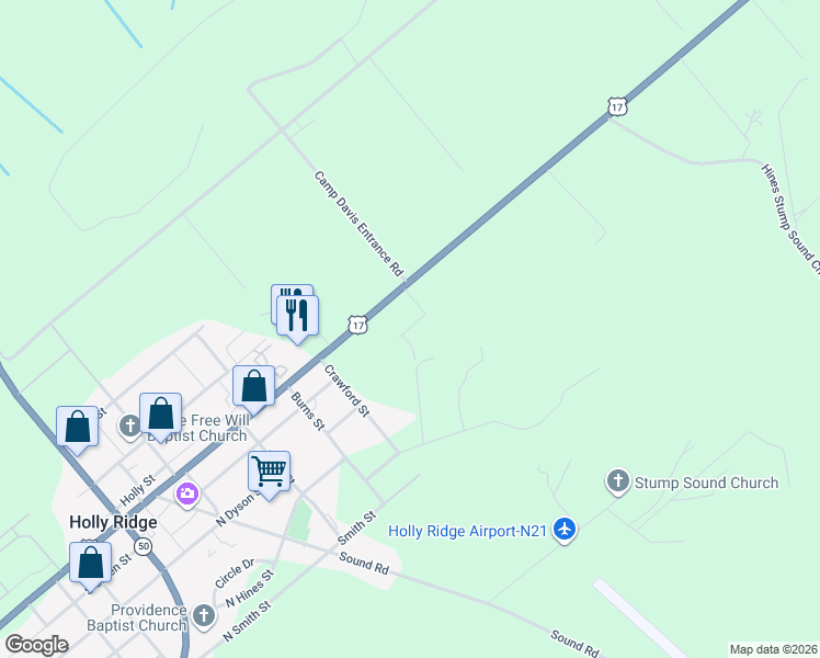 map of restaurants, bars, coffee shops, grocery stores, and more near 600-698 Wilmington Highway in Holly Ridge