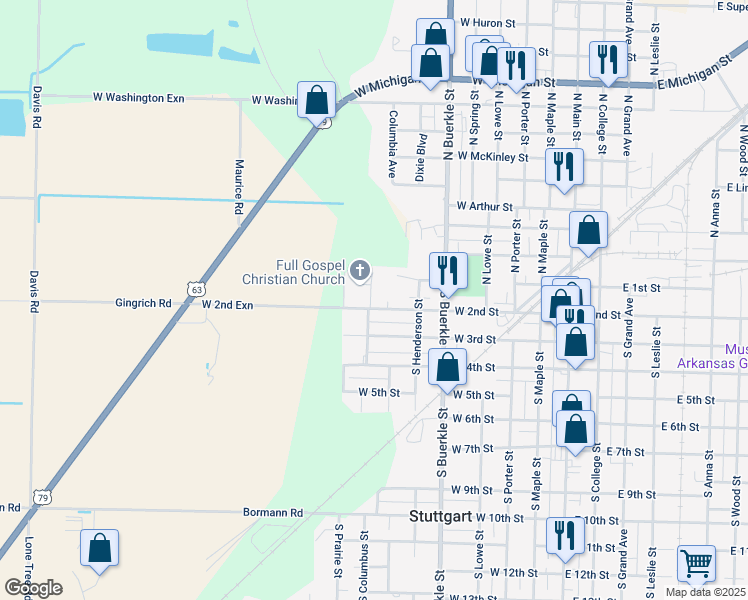 map of restaurants, bars, coffee shops, grocery stores, and more near 804 West 2nd Street in Stuttgart