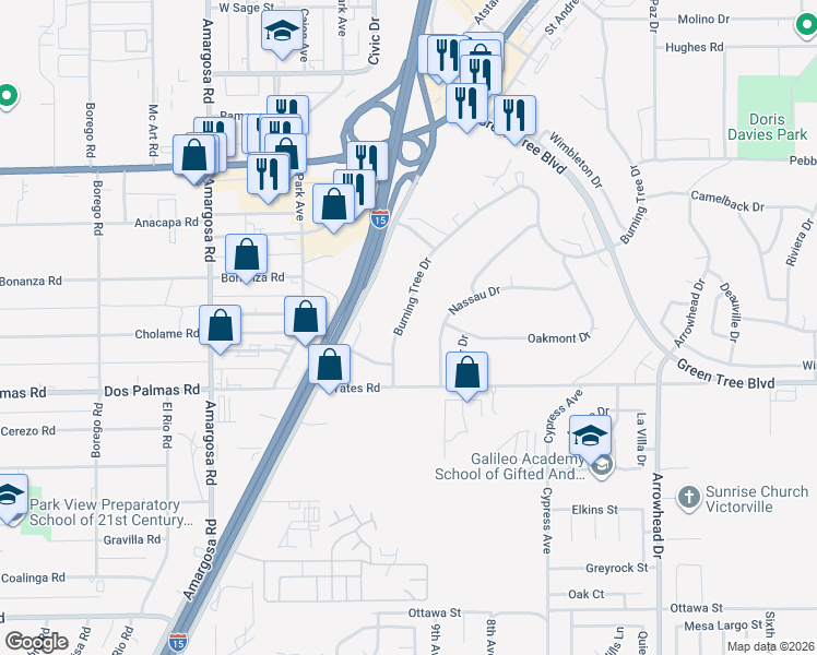 map of restaurants, bars, coffee shops, grocery stores, and more near 13725 Burning Tree Drive in Victorville