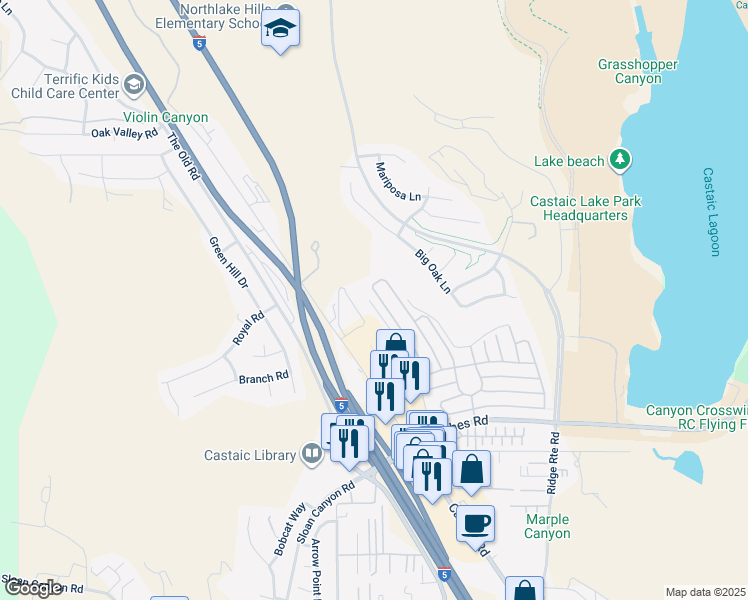 map of restaurants, bars, coffee shops, grocery stores, and more near 32043 Emerald Lane in Castaic