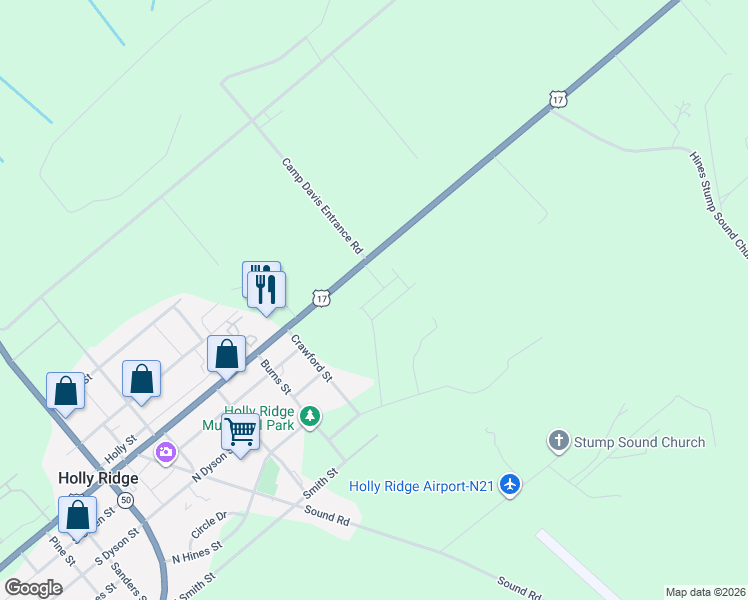 map of restaurants, bars, coffee shops, grocery stores, and more near 678 North US 17 in Holly Ridge
