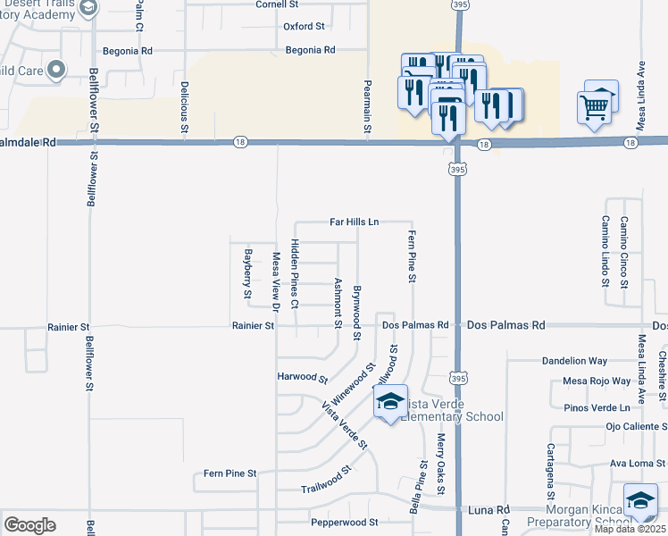 map of restaurants, bars, coffee shops, grocery stores, and more near 11823 Indian Hills Lane in Victorville