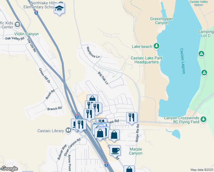 map of restaurants, bars, coffee shops, grocery stores, and more near 32027 Big Oak Lane in Castaic