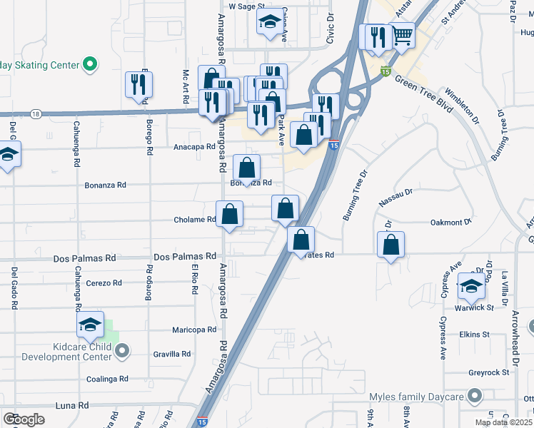 map of restaurants, bars, coffee shops, grocery stores, and more near 15419 Cholame Road in Victorville
