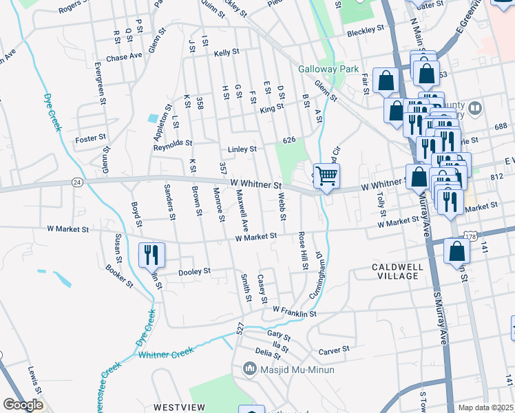map of restaurants, bars, coffee shops, grocery stores, and more near 110 South Prevost Street in Anderson