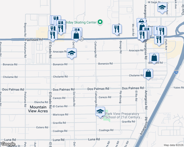 map of restaurants, bars, coffee shops, grocery stores, and more near 14850 Cholame Road in Victorville