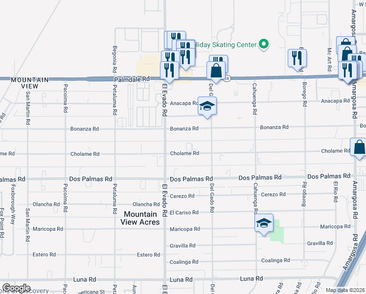 map of restaurants, bars, coffee shops, grocery stores, and more near 14570 Cholame Road in Victorville