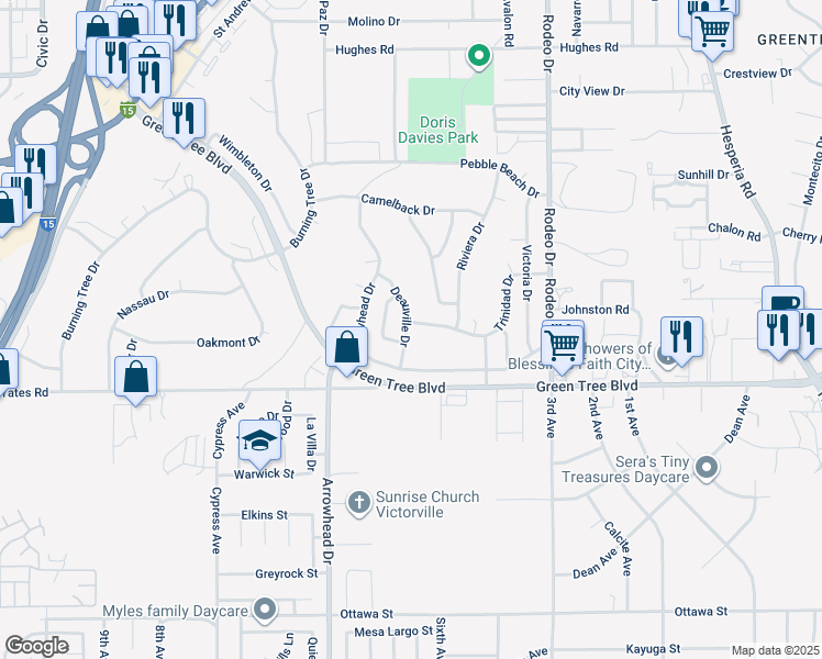 map of restaurants, bars, coffee shops, grocery stores, and more near 16272 Trinidad Drive in Victorville
