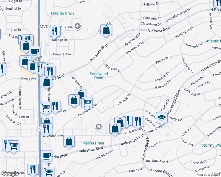 map of restaurants, bars, coffee shops, grocery stores, and more near 2111 Commander Drive in Lake Havasu City