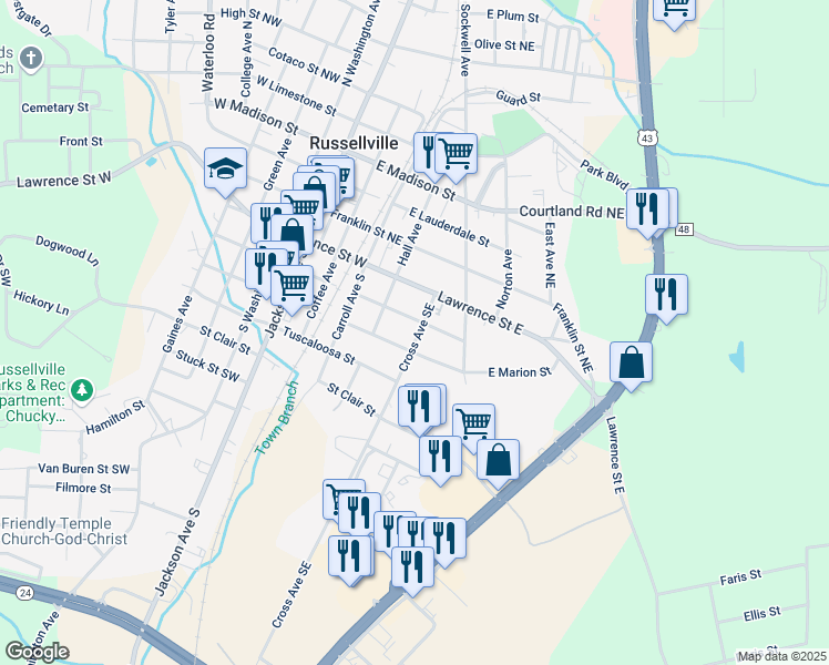map of restaurants, bars, coffee shops, grocery stores, and more near 210 Cross Avenue Southeast in Russellville
