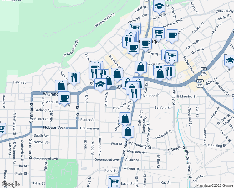map of restaurants, bars, coffee shops, grocery stores, and more near 130 Liberty Street in Hot Springs