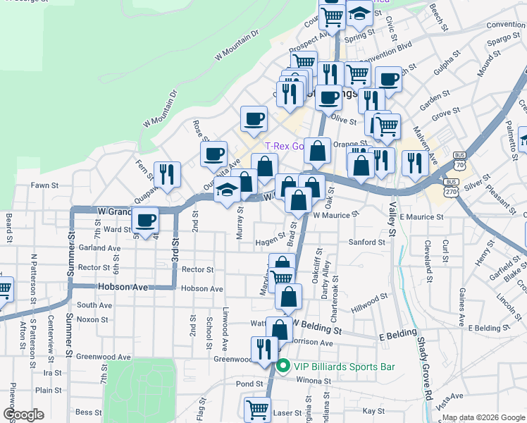 map of restaurants, bars, coffee shops, grocery stores, and more near 130 Liberty Street in Hot Springs