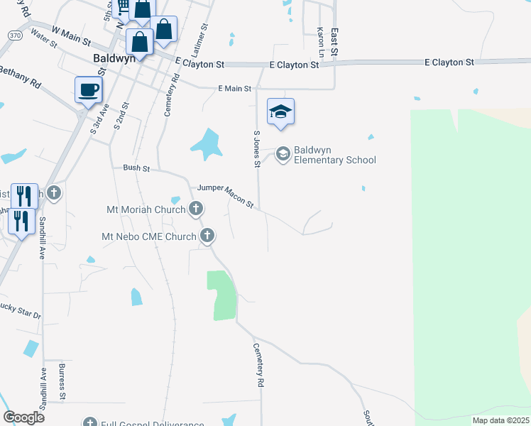 map of restaurants, bars, coffee shops, grocery stores, and more near 500 South Jones Avenue in Baldwyn