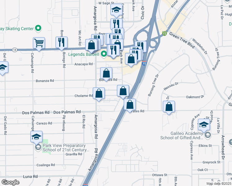 map of restaurants, bars, coffee shops, grocery stores, and more near 15419 Cholame Road in Victorville