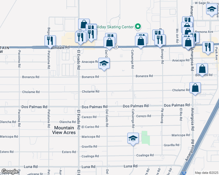 map of restaurants, bars, coffee shops, grocery stores, and more near 14710 Cholame Road in Victorville