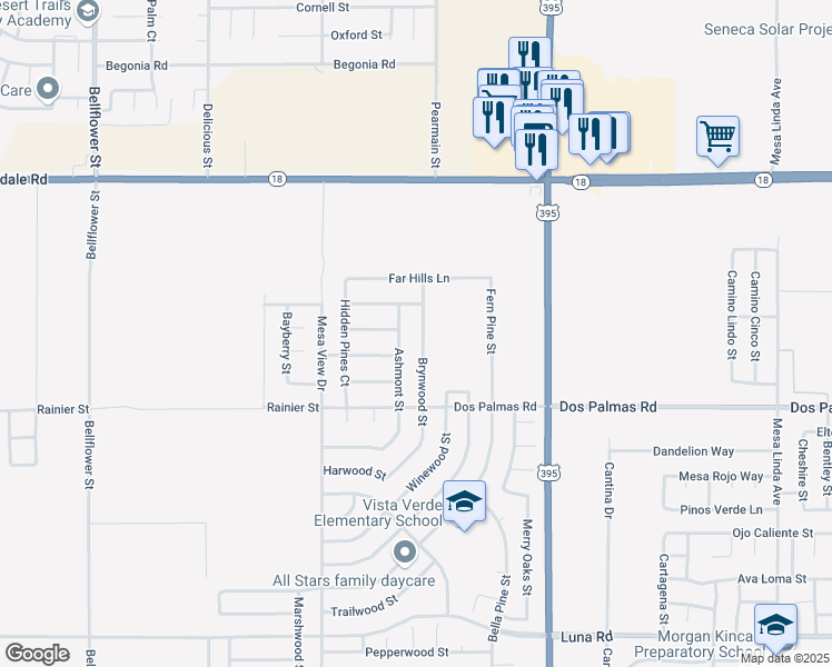 map of restaurants, bars, coffee shops, grocery stores, and more near 13824 Brynwood Street in Victorville