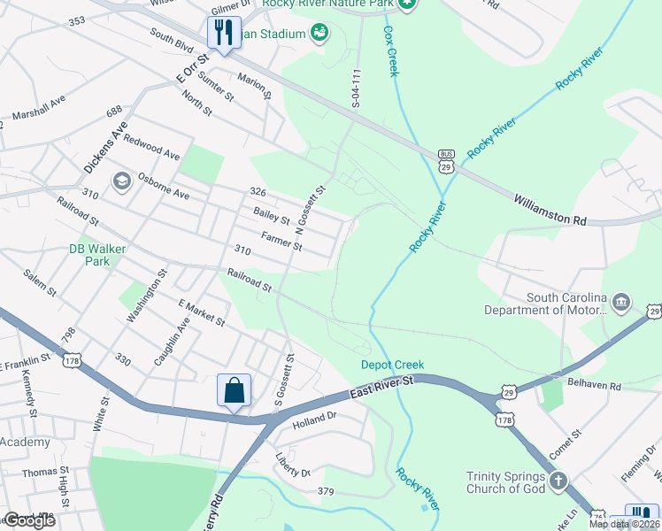 map of restaurants, bars, coffee shops, grocery stores, and more near 1311 Gilmer Street in Anderson