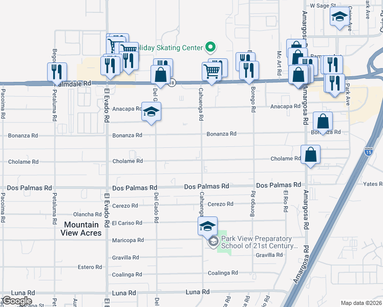 map of restaurants, bars, coffee shops, grocery stores, and more near 14850 Cholame Road in Victorville