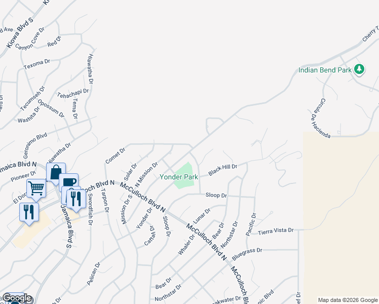 map of restaurants, bars, coffee shops, grocery stores, and more near Cherry Tree Boulevard in Lake Havasu City