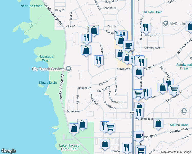map of restaurants, bars, coffee shops, grocery stores, and more near 1612 Kiowa Avenue in Lake Havasu City