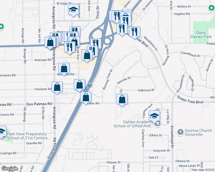 map of restaurants, bars, coffee shops, grocery stores, and more near 13729 Burning Tree Drive in Victorville