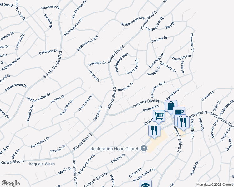 map of restaurants, bars, coffee shops, grocery stores, and more near 3376 Kiowa Boulevard South in Lake Havasu City
