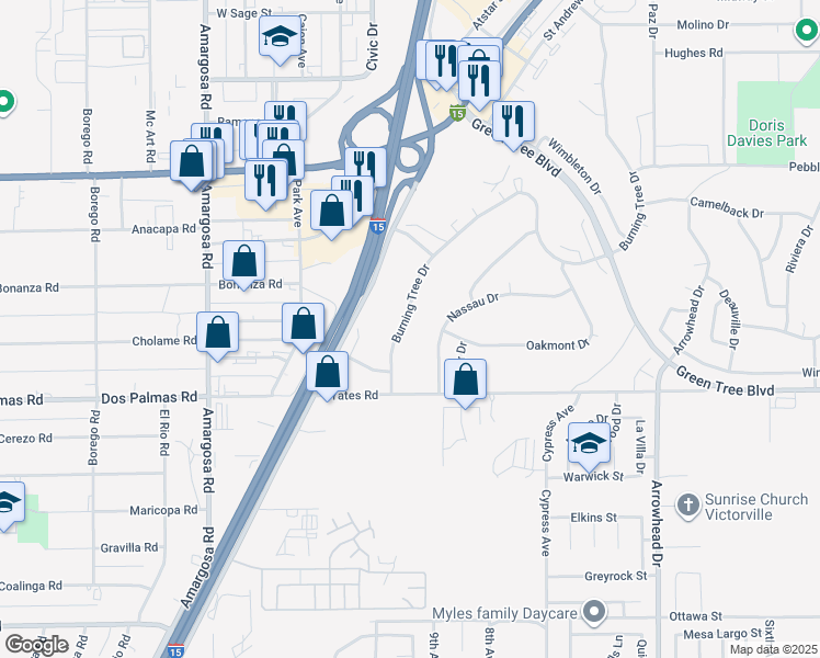 map of restaurants, bars, coffee shops, grocery stores, and more near 13721 Burning Tree Drive in Victorville