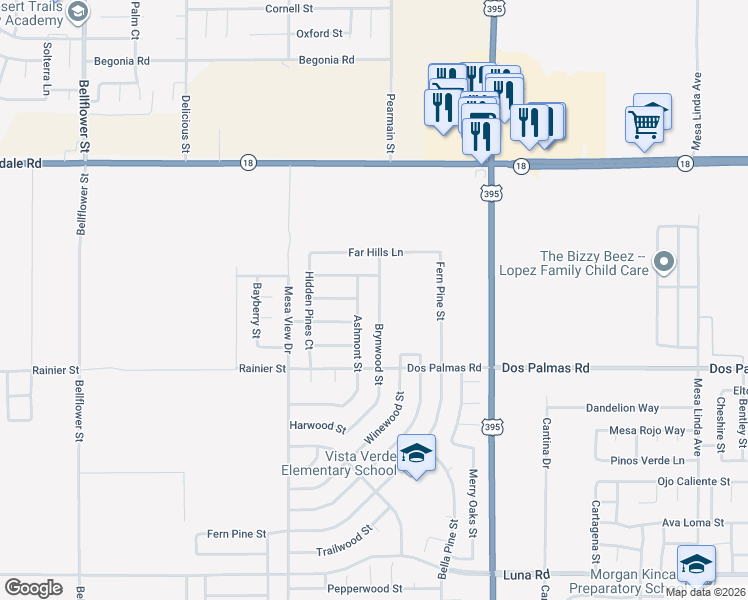 map of restaurants, bars, coffee shops, grocery stores, and more near 13805 Ashmont Street in Victorville