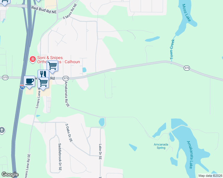 map of restaurants, bars, coffee shops, grocery stores, and more near 1757 Dews Pond Road Northeast in Calhoun