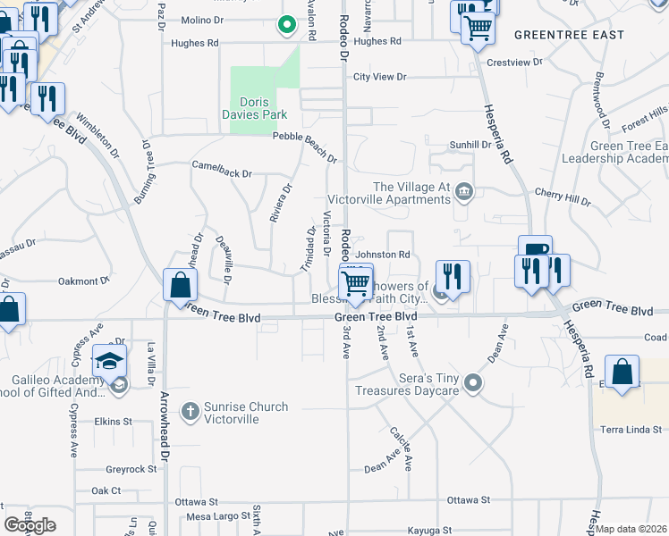 map of restaurants, bars, coffee shops, grocery stores, and more near 13811 Victoria Drive in Victorville