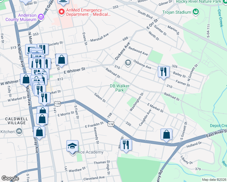 map of restaurants, bars, coffee shops, grocery stores, and more near 413 Churchwell Avenue in Anderson