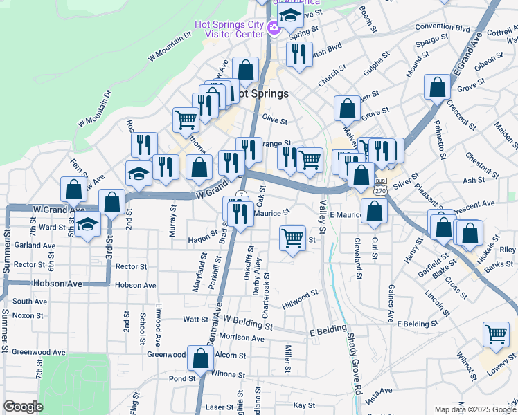 map of restaurants, bars, coffee shops, grocery stores, and more near 100 Charteroak Street in Hot Springs