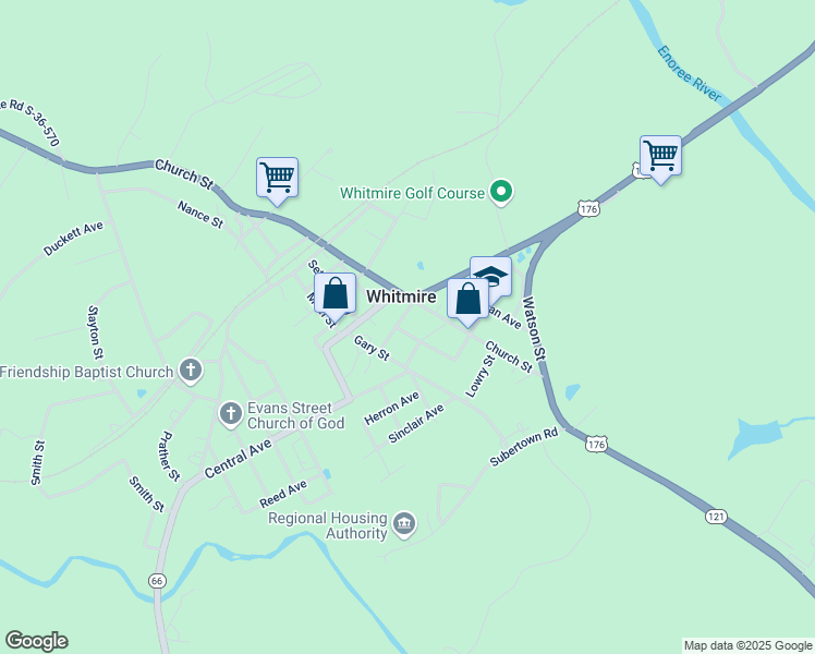 map of restaurants, bars, coffee shops, grocery stores, and more near 32 Douglas Street in Whitmire
