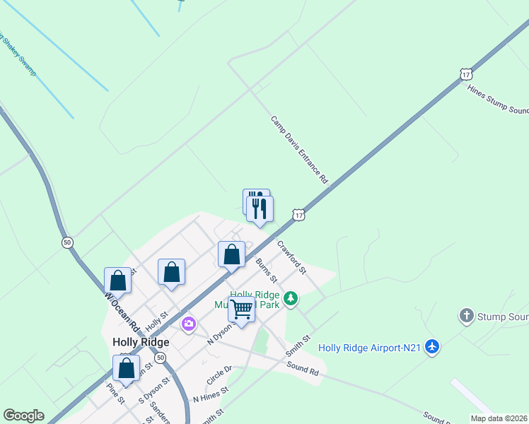 map of restaurants, bars, coffee shops, grocery stores, and more near 511 U.S. 17 in Holly Ridge