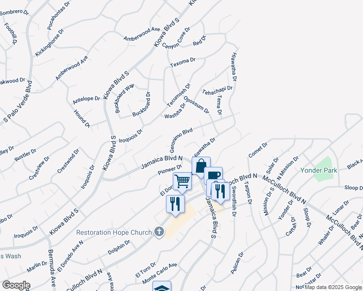 map of restaurants, bars, coffee shops, grocery stores, and more near 148 Chippewa Lane in Lake Havasu City