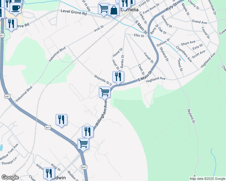 map of restaurants, bars, coffee shops, grocery stores, and more near 150 Apple Tree Lane in Cornelia