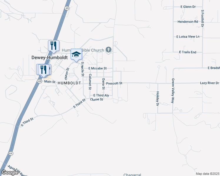 map of restaurants, bars, coffee shops, grocery stores, and more near 2847 Dana Street in Dewey-Humboldt