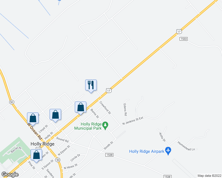 map of restaurants, bars, coffee shops, grocery stores, and more near 640 Ocean Highway in Holly Ridge