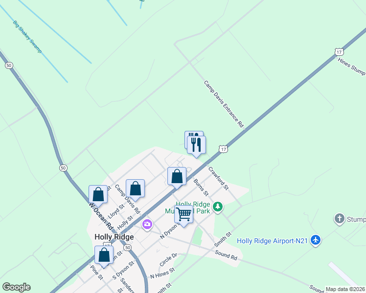 map of restaurants, bars, coffee shops, grocery stores, and more near 511A U.S. 17 in Holly Ridge