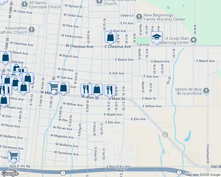 map of restaurants, bars, coffee shops, grocery stores, and more near 200 East Main Street in Duncan