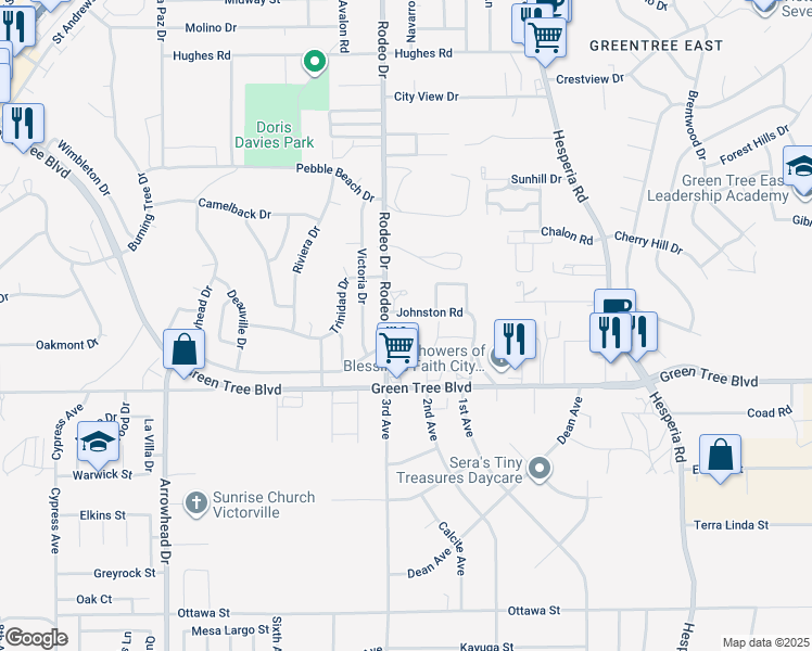 map of restaurants, bars, coffee shops, grocery stores, and more near 13815 Rodeo Drive in Victorville