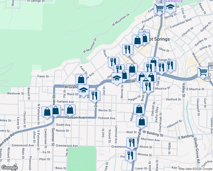 map of restaurants, bars, coffee shops, grocery stores, and more near 615 West Grand Avenue in Hot Springs