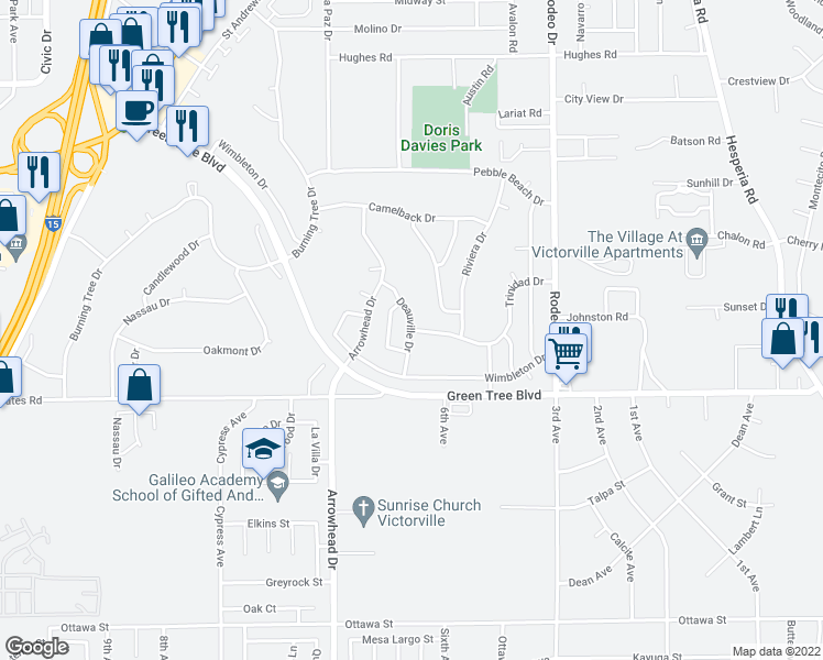 map of restaurants, bars, coffee shops, grocery stores, and more near Deauville Drive in Victorville