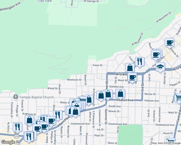 map of restaurants, bars, coffee shops, grocery stores, and more near 1600 West Grand Avenue in Hot Springs