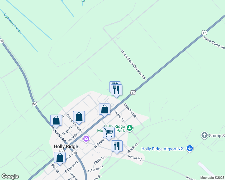 map of restaurants, bars, coffee shops, grocery stores, and more near 511A U.S. 17 in Holly Ridge